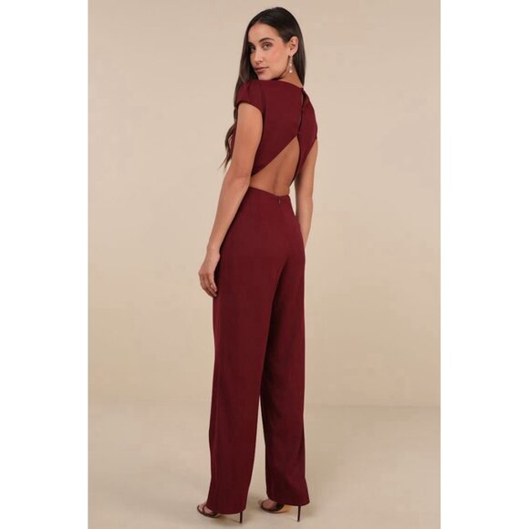 Lulus Jumpsuit Womens L Illustrious Charm Burgundy Cap Sleeve Cutout New/Defects - Picture 1 of 16